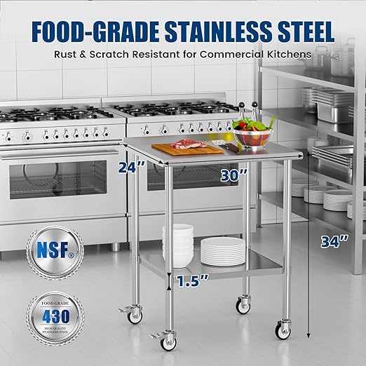 Stainless Steel Work Table with Wheels, 24x30 Inch NSF Food Prep Table with Backsplash & Adjustable Undershelf for Commercial Kitchen, Restaurant, Garage, Outdoor BBQ