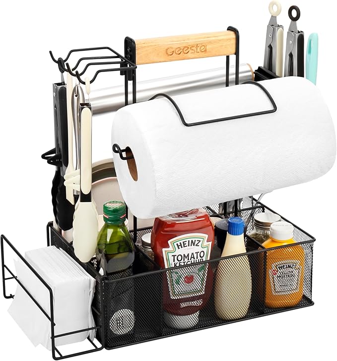 Geesta Grill Caddy for Outdoor Grill, BBQ Picnic Camping Caddy with Paper Towel Holder & Magnetic Tool Holder, Condiment Storage Utensil Kitchen Organizer for RV Camper, Tailgate Accessories