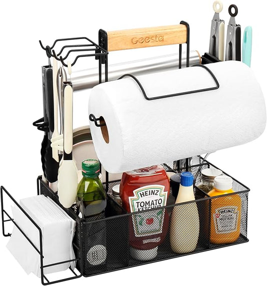 Geesta Grill Caddy for Outdoor Grill, BBQ Picnic Camping Caddy with Paper Towel Holder & Magnetic Tool Holder, Condiment Storage Utensil Kitchen Organizer for RV Camper, Tailgate Accessories