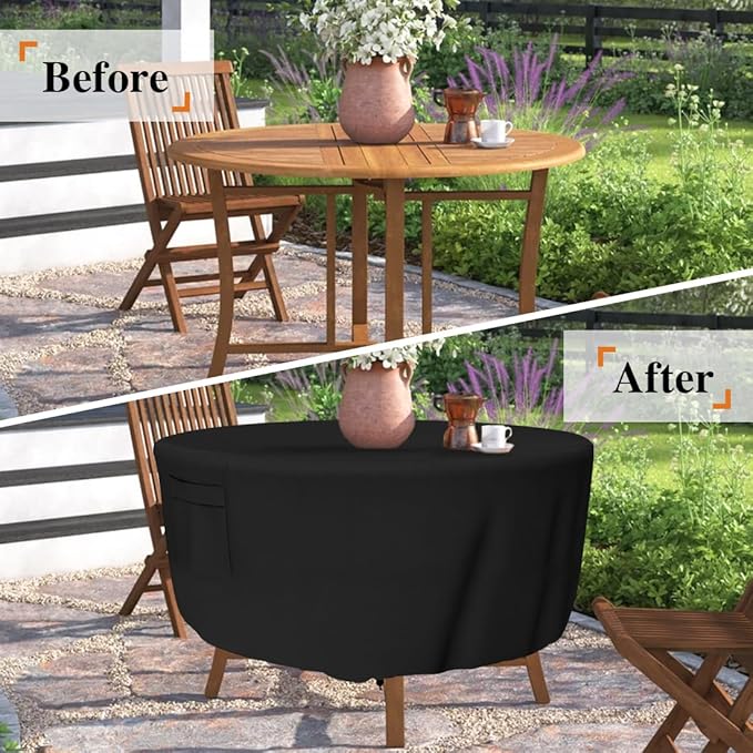 Patio Furniture Covers, Heavy Duty Round Patio Table Cover (48D x 26H Inch) Outdoor Dining & Coffee Table Cover for Veranda, Lawn, Table, Chair-Waterproof & Weather Resistant, Anti UV - Black