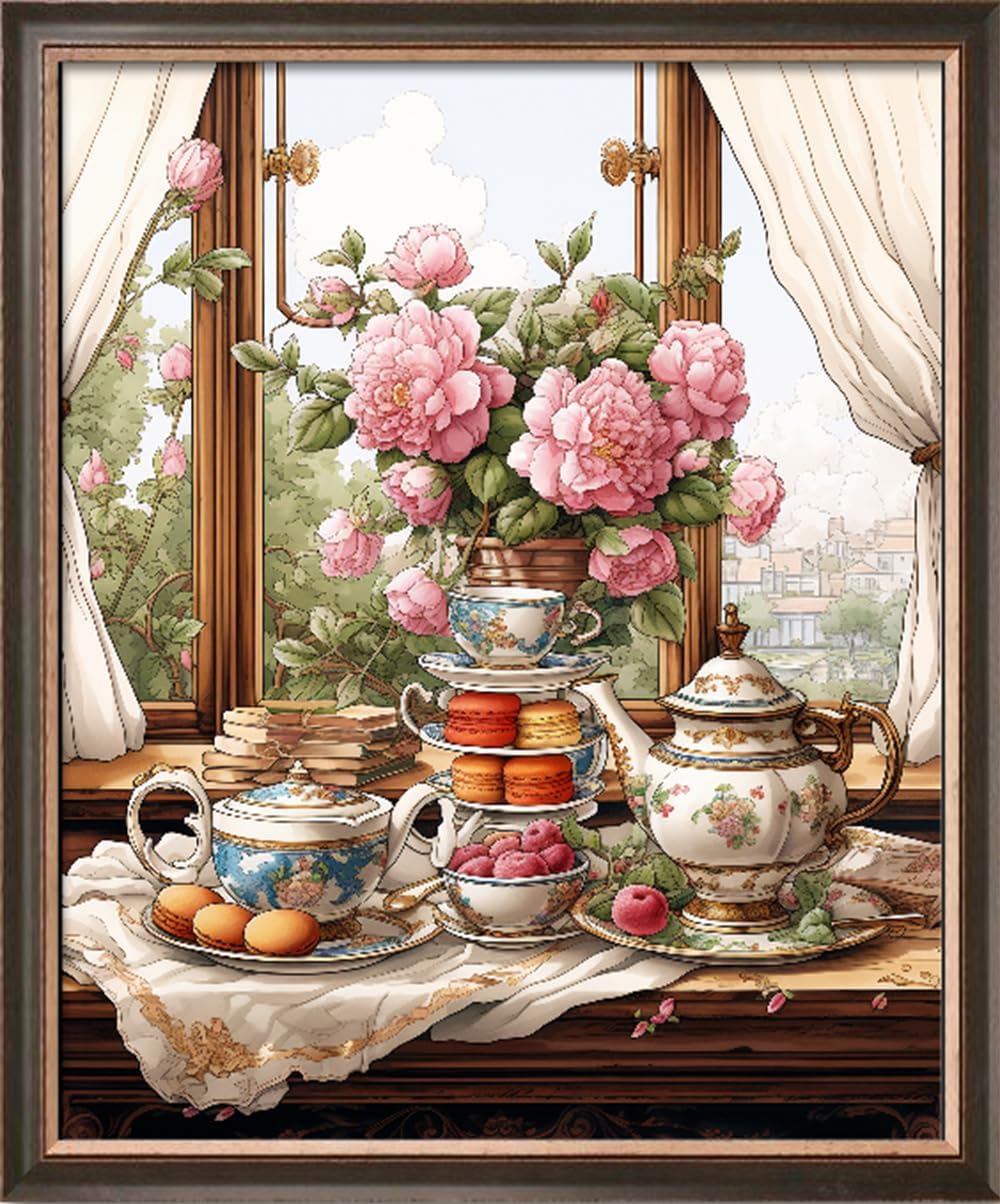 Leczany Cross Stitch Stamped Kit for Adults or Kids - Tea Time | DIY Embroidery Starter Patterns Craft Kit Needlepoint for Beginner | 11CT, 3 Strands | 13.8x16.9 inches