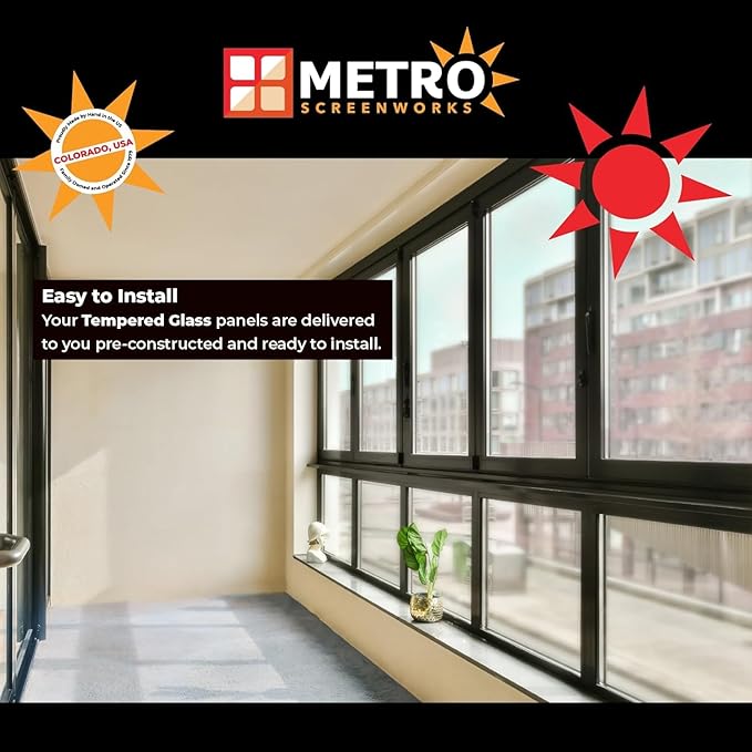 Metro Screenworks Framed Tempered Glass Panel for Porch & Patio Panels, Outdoor Enclosures, (24-1/2" x 6-1/4", Almond) Enclose Your Porch with Tempered Glass Panels - Glass Panel Replacement