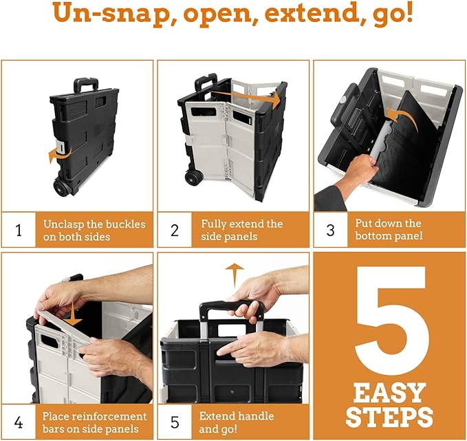 Inspired Living Ultra-Slim Rolling Collapsible Storage Pack-N-Roll Utility-carts, with Telescopic Handle, for Home, Garden, Shopping, Office, School use, Medium, White & Black