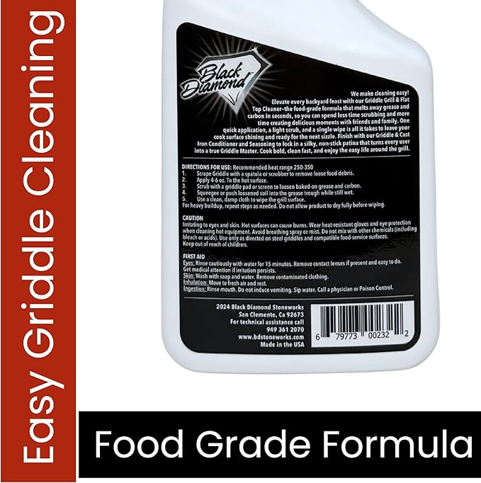 Black Diamond Stoneworks Griddle & Grill Cleaner – Flat Top Griddle Cleaner, Non-Caustic, Food-Contact Safe, Unscented, Residue-Free, Stainless & Cold-Rolled Steel, 32 fl oz (32)