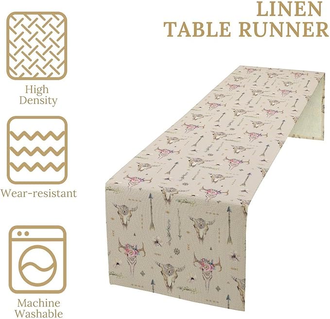 Western Boho Table Runner, Aztec Native Tribal Bull Skull Southwestern Bohemian Geometric Floral Pattern Table Runner for Home Kitchen Dining Party Farmhouse Cafe 13x90in
