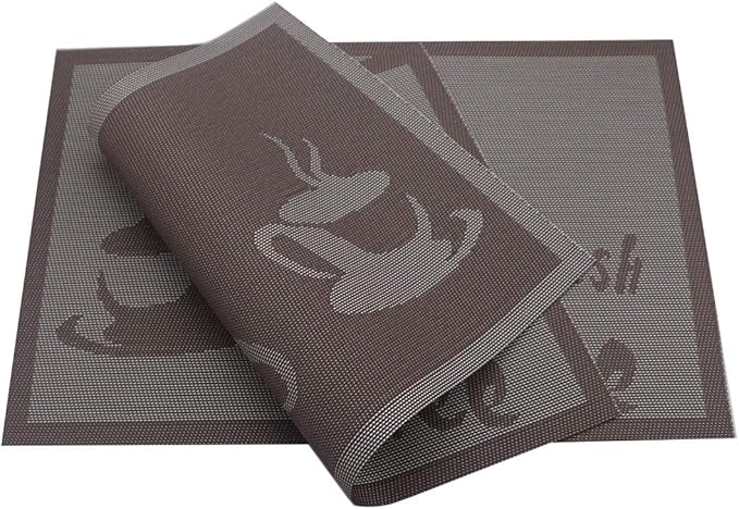 Gugrida Placemats Set of 6 Plaid Checkered Coffee Heat-Resistant Anti-Skid PVC Placemat for Dining Table Durable Woven Vinyl Stain tablemats 18"X12", Large