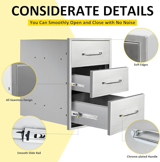Outdoor Kitchen Drawers 14" W x 21"H x 21"D Stainless Steel Drawer Flush Mount Triple BBQ Drawers with Chrome Handle for Outdoor Kitchen Island, Patio Grill Station