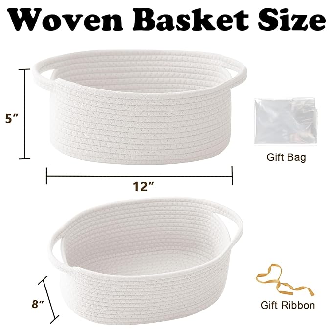 2 Pack Gift Basket with Gift Bag and Ribbons,Small Rope Woven Shelf Storage,Baskets for Gifts Empty,Birthday,Baby Shower,Decorative Organizer Box with Handles(White)