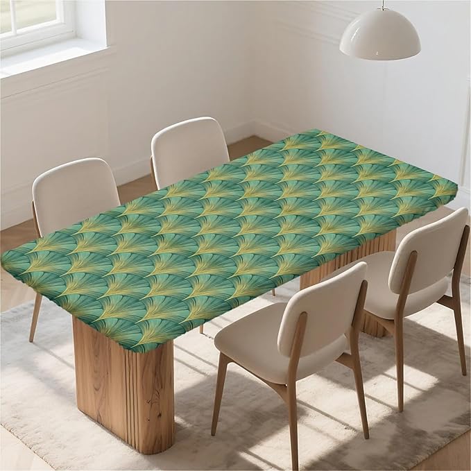 Rectangle Table Cloth Cover Waterproof Elastic Fitted Polyester Fitted Tablecloths for 6 Foot Tables for Indoor,Picnic, Camping, Outdoor （72" x 30"，Green Sector Geometry）