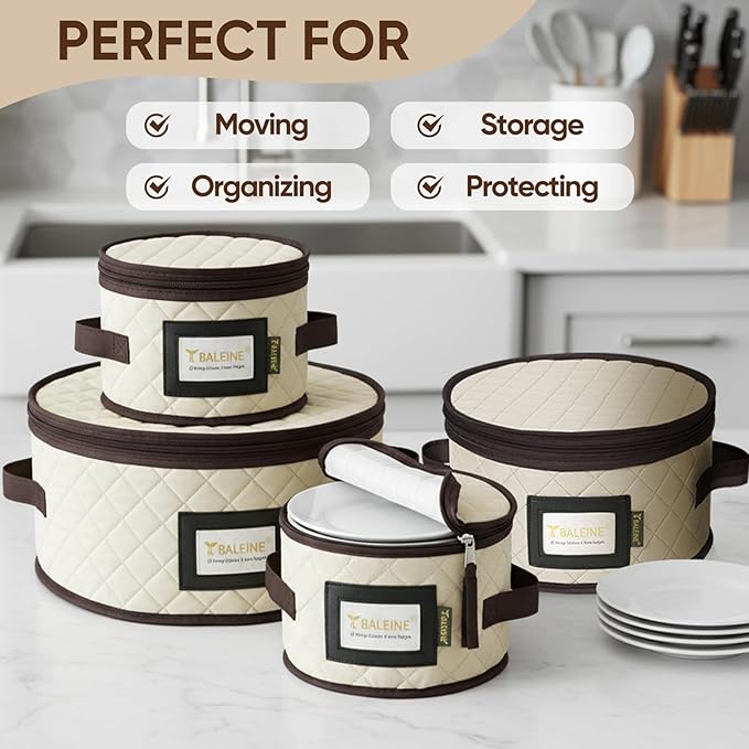 BALEINE China Storage Containers, Soft Shell Case for Organizing, Stackable Moving Storage Box with Felt Plate Dividers for Dishes, Glasses, Mugs (Plate Set, Cream)