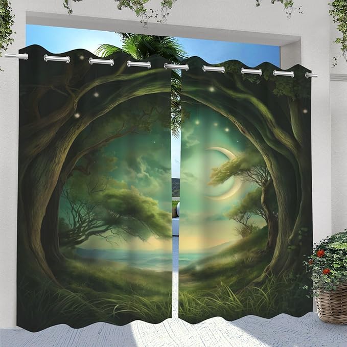 Forest Theme Outdoor Curtains for Patio Waterproof,Trees Moon Lake Pattern,Grommet Curtain for Bedroom, Porch, Living Room, Pergola, Cabana,Set of 2 Panels,54 x 108 inch,Green