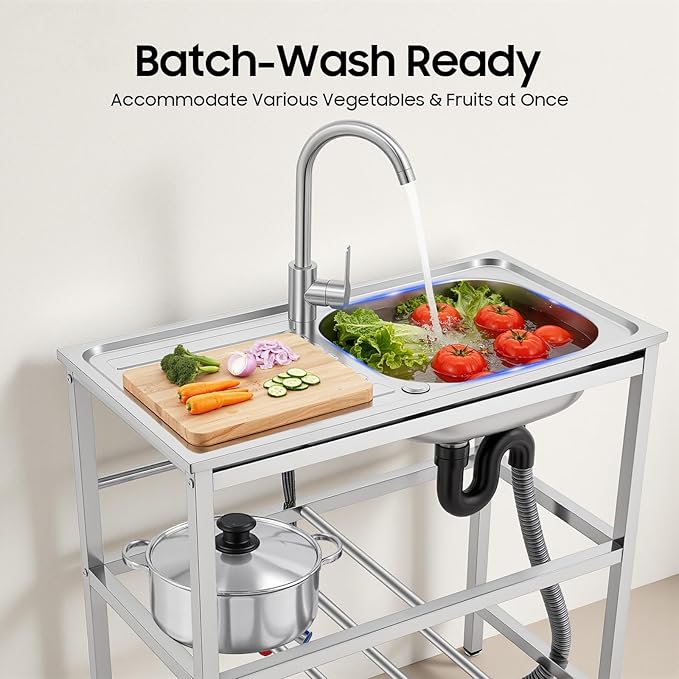 Outdoor Utility Sink, Freestanding Kitchen Sink with Faucet, Utility Sink Freestanding Single Bowl Portable Washing Hand Basin Station with 2 Tier Storage Shelves for Backyard (29.52x 15.74x 30.7in)