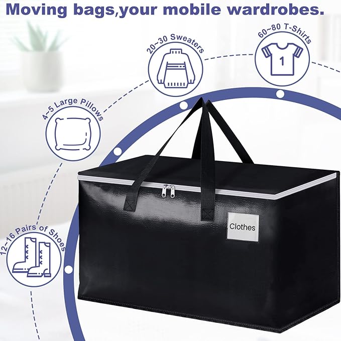 StorageRight Heavy Duty Moving Boxes-Moving Bags with Zipper, Reinforced Handles and Tag Pocket-Collapsible Moving Supplies-Totes for Storage Great for moving, Storage and Travel 93L(Black-10 Pack)