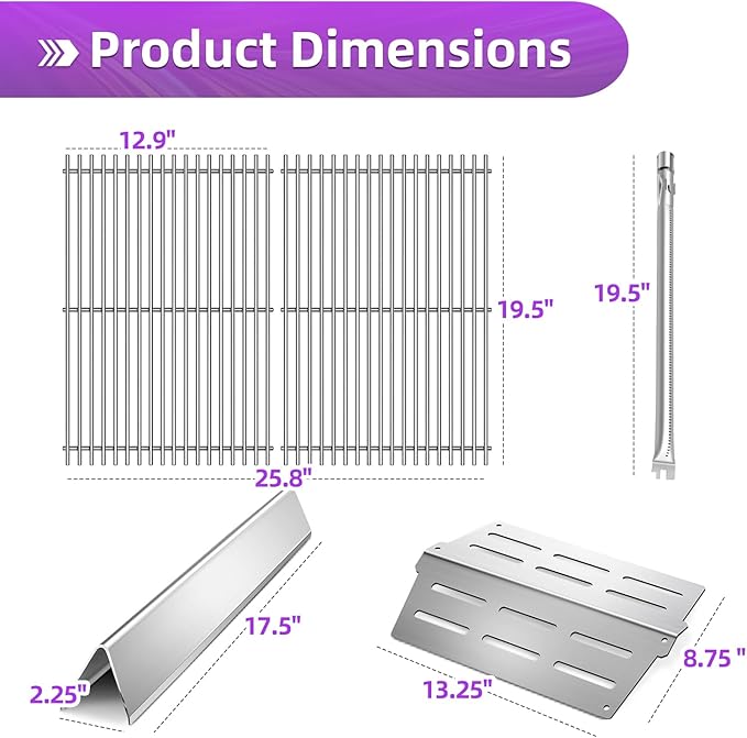 19.5" Stainless Steel 7524 Grill Grates 7620 Flavorizer Bars for Weber Genesis E330 Grill Parts with 7622 Heat Deflector 62752 Burner Tubes for Weber Genesis E310 S310 S330 EP310 300 Series