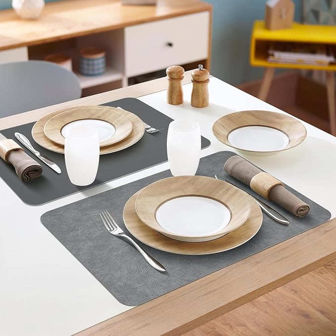 Faux Leather Placemats Set of 6 Table Mats Heat Resistant Reversible Place Mats, Waterproof Wipeable Dining Table Place Mats for Kitchen/Dining/Party/Outdoor,15.8 × 11.8 inches (Washed Grey)