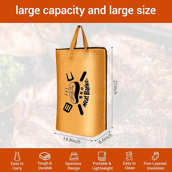 Ultimate Insulated Meat Vault | 21" Large BBQ Resting Blanket for Brisket, Pork, Turkey | 5-Layer Heat Retention Technology, Leak-Proof, Wide Mouth Design
