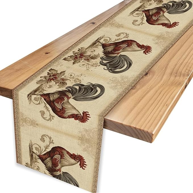 Farmhouse Rooster Table Runner, Vintage Rooster Retro Farmhouse Country Chicken Coffee Table Center Decor for Home Kitchen Dining Patio Holiday Party Indoor Outdoor Table Decorations 13"x90"