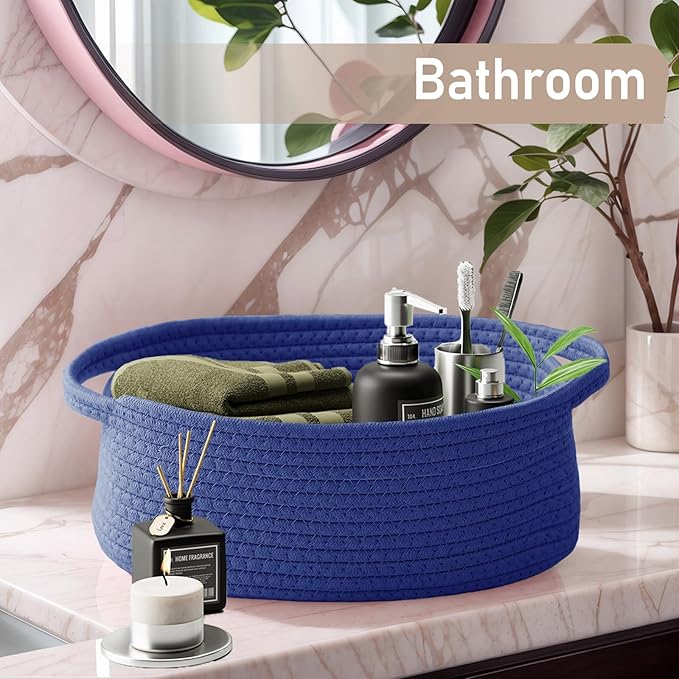 Woven Basket,Small Rope Storage Bin with Handles & Ribbon Bag, Organizer for Shelves Closets,Gift Basket Empty for Birthday,Books,Dog Toys, Navy Blue