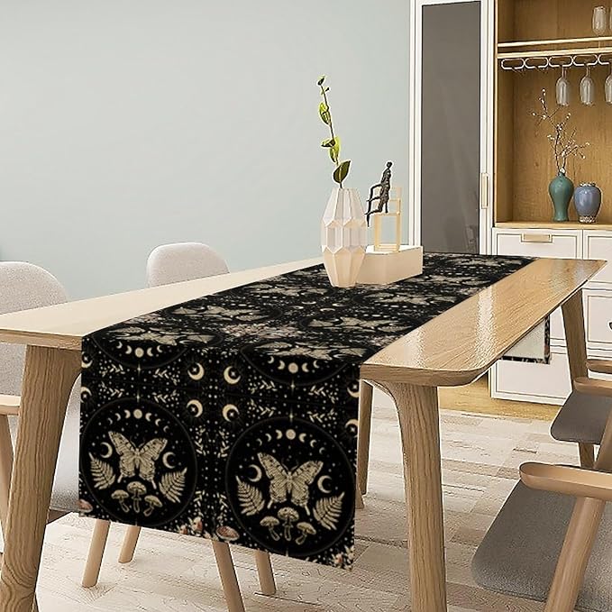 Mushroom Moth Table Runner,Vintage Boho Moon Autumn Seasonal Table Runner for Kitchen Dining Table Holiday Party Home Decor 13x70in