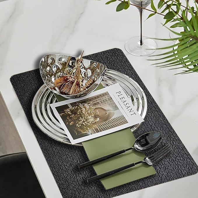 PIGCHCY Waterproof PVC Place Mats Set of 6, Non-Slip Faux Leather Placemats Rattan Pattern Surface Table Mats for Wedding/Birthday Party/Kitchen (18"x12", Black)
