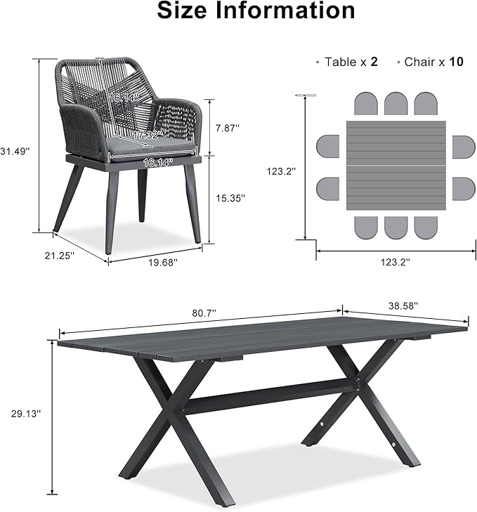 PURPLE LEAF 12 Pieces Outdoor Patio Dining Sets All-Weather PE Rattan Furniture Set with All Aluminum Frame Outdoor Table and Chairs Set for 10 People Lawn Garden Backyard Deck, Grey