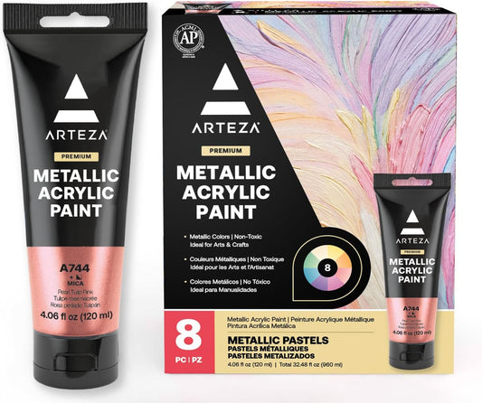 ARTEZA Pastel Acrylic Paint, Set of 8, Metallic Tones, 4.06 fl oz Tubes, High Viscosity Water-Based Paint, Glossy Finish, Art Supplies for Painting Paper, Canvas, Wood and Fabric, and DIY Projects