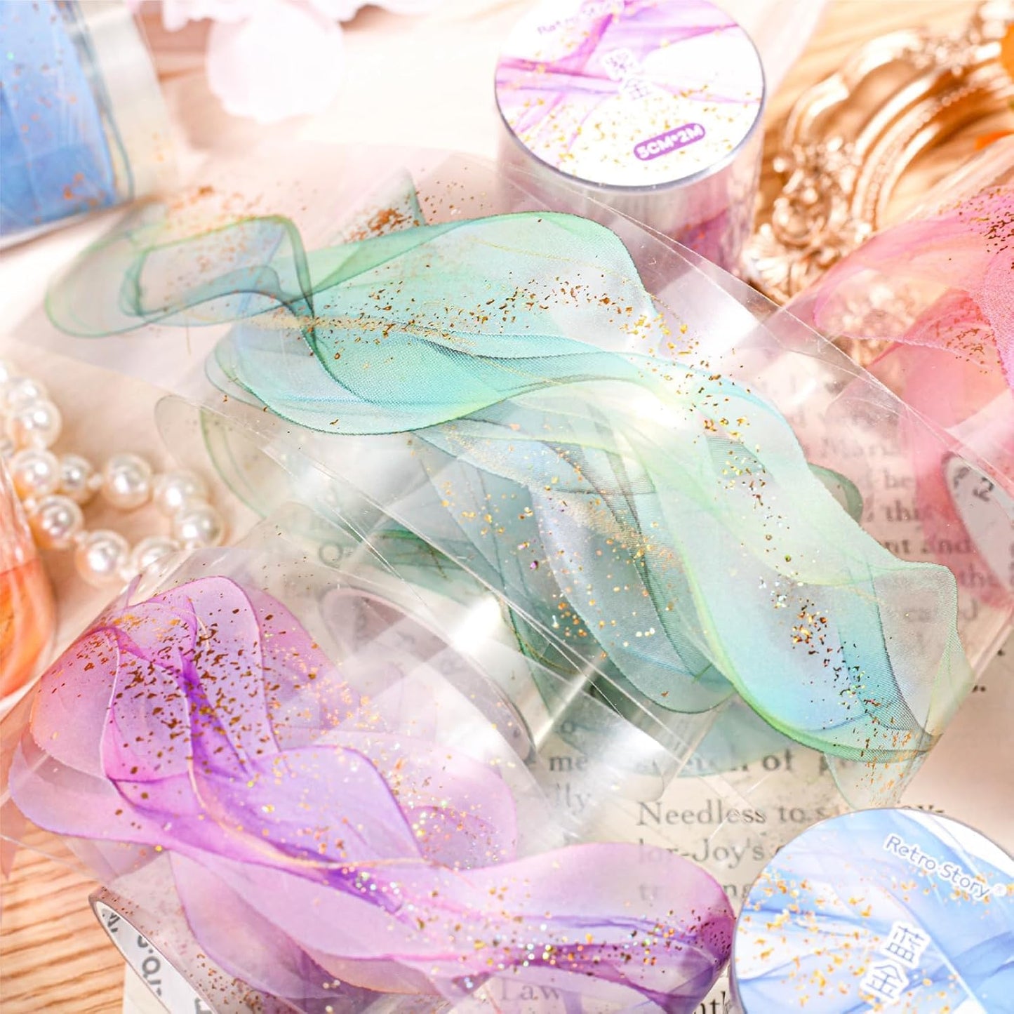 6 Rolls Transparent PET Tape Set,Self-Adhesive Colourful Washi Tape for Scrapbook Supplies Notebook Photo Album Junk Journal Diary Journaling(Flowing Gold)