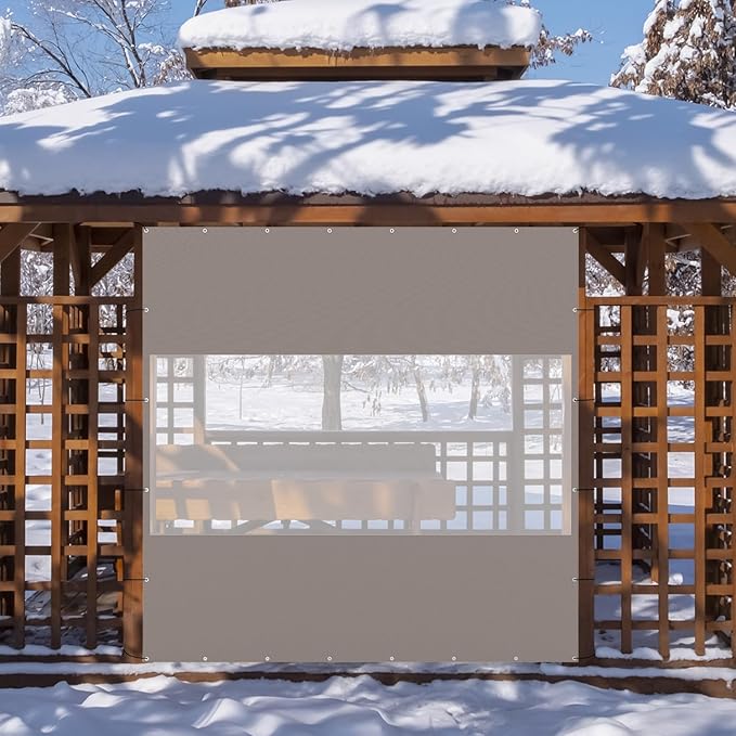 Domi Heavy Duty Outdoor Clear Panel Curtain, 18 oz Waterproof PVC Polyester Curtain, Weather Resistant & Tearproof for Patios, Gazebos, Pergolas, Privacy Screen (8'H x 8'W, Gray)