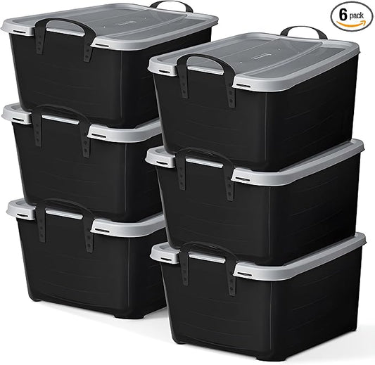 Life Story 6 Pack Heavy Duty Stackable Storage Bin, 55 Quart Home Organizer, Versatile Lightweight Locking Bins with Carrying Handles, Black/Gray