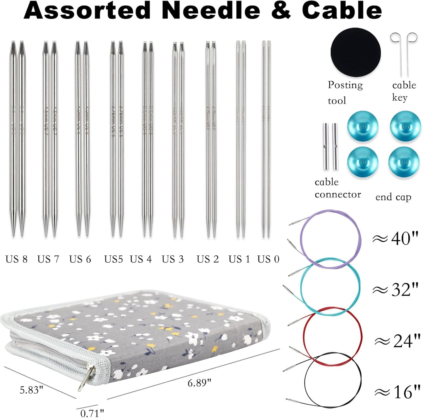 Svartur Lace Interchangeable Circular Knitting Needles, 5" Stainless Steel Interchangeable Knitting Needles Magic Loop for Socks, Gloves, US 0-8 Small Knitting Neeldes Lace-Tip with 4 Assorted Cables