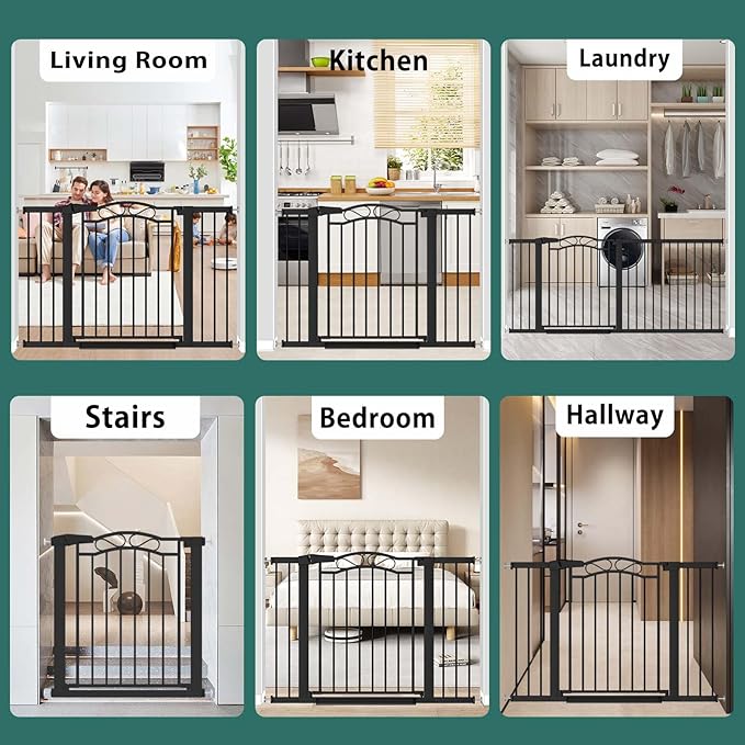 Fairy Baby 65.4"-68.1" Extra Wide Baby Gate with Door, 66 67 68 Inches Walk THR Baby Gates for Stairs Pressure Mounted no Drill, Indoor Tension Metal Child Pet Dog Safety Gate for Kids, Black