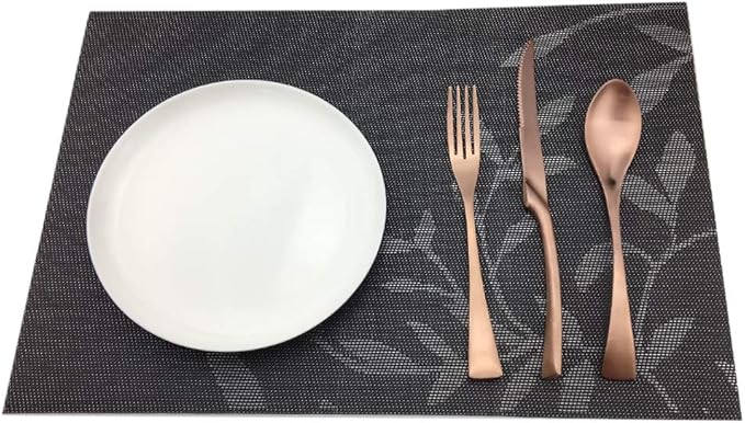 Gugrida Place Mats PVC Set of 6, Table Placemats Set of 6 PVC Woven Vinyl Place Mats Table Mats Natural Color (6 pcs, Black Leaves)