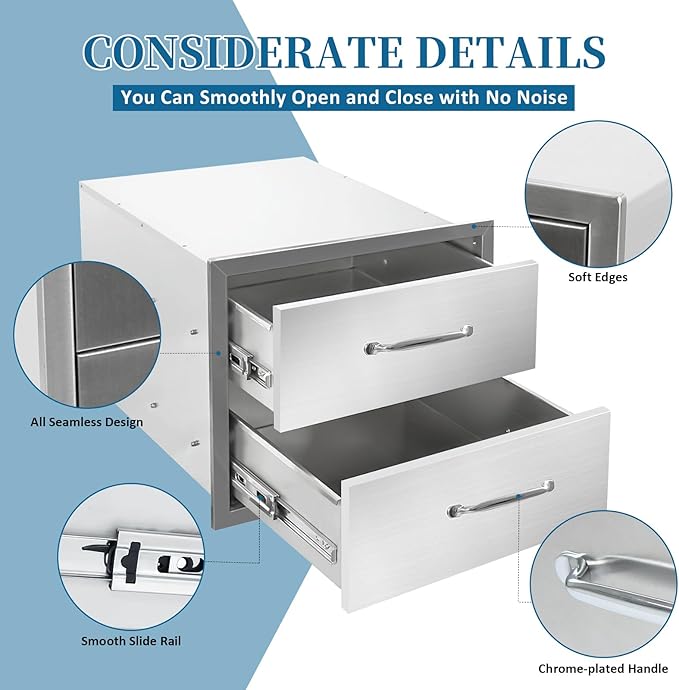 Outdoor Kitchen Drawers 18"Wx15"Hx23"D Flush Mount Access 2-Drawer BBQ Stainless Steel Drawers with Handle for Outdoor Kitchen Island or Grill Station