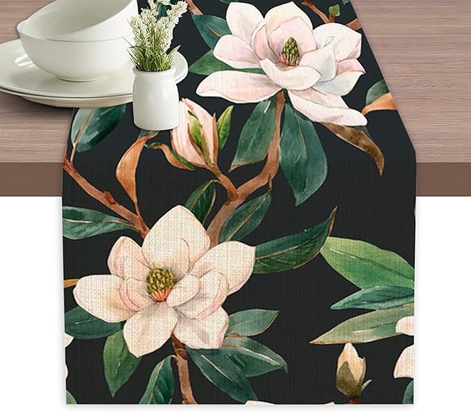 Table Runner White Magnolia Flowers Table Runners Summer Seasonal Kitchen Dinning Decor for Indoor Outdoor Holiday Home Wedding Party 13x70 Inch