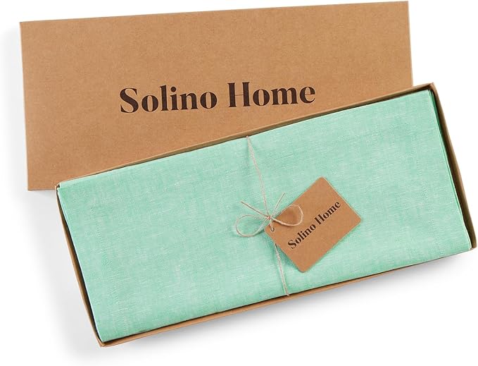 Solino Home Linen Table Runner 36 Inches - 100% Pure Linen Chambray Aqua Table Runner 14 x 36 Inch Ideal for Dresser and Coffee Tables - Athena, Winter, Spring, Easter