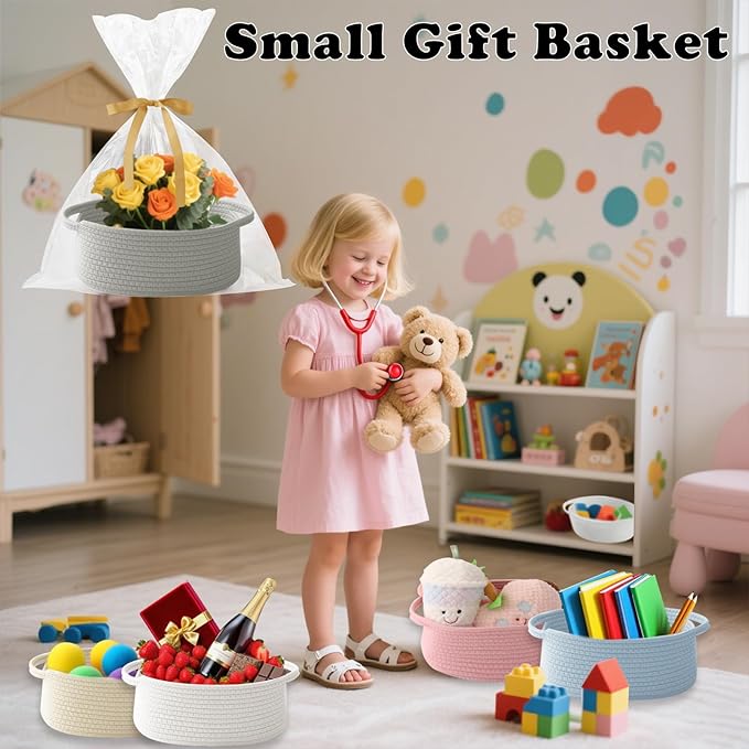 2 Pack Gift Basket with Gift Bag and Ribbons,Small Rope Woven Shelf Storage,Baskets for Gifts Empty,Birthday,Baby Shower,Decorative Organizer Box with Handles(Grey)