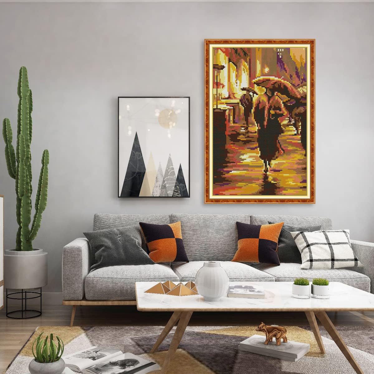 Stamped Cross Stitch Kits Beginners Full Range of Crossstitching Preprinted kits Pattern for Kids or Adults, DIY Needlepoint Embroidery Craft Kits 11CT 3 Strands-10.2×15.7 inch，Walking in the rain