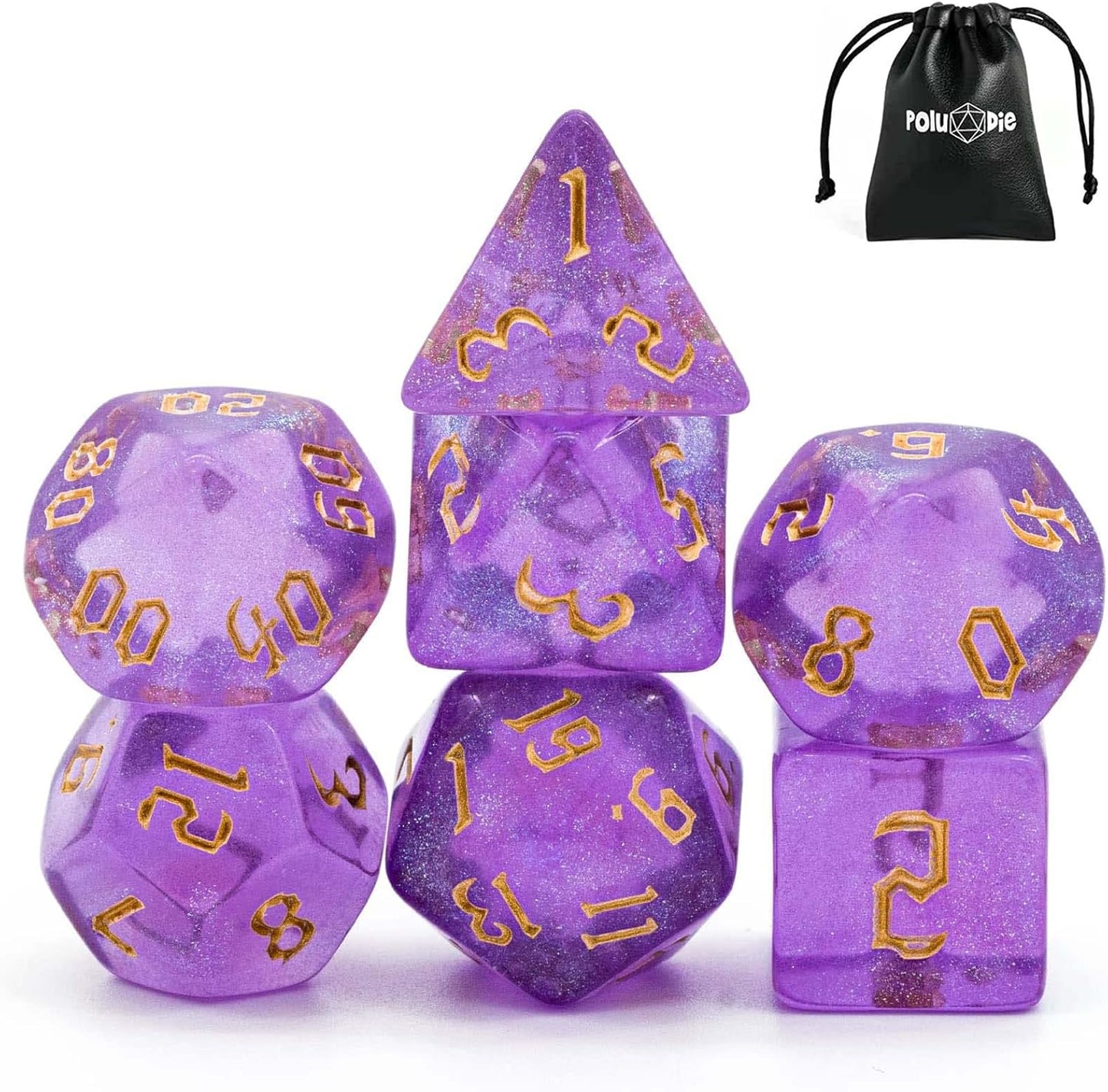 7-Die DND Dice Set Polyhedral Dice Set with a Leather Dice Bag, D&D Dice Set for Dungeons and Dragons, RPG Table Games (Purple/G)