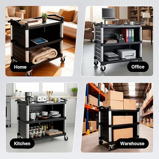 NorthSky Select Dual-Handle Utility Service Cart, 3 Shelves, 440 lb. Capacity -Black Plastic Shelves, Lockable Swivel Casters - Suitable for Hospital, Lab, Hotel, Office Transport & Organizing