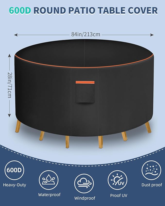 Round Patio Furniture Cover, 84 Inch Diameter Waterproof 600D Heavy Duty Table and Chair Set Protection Black