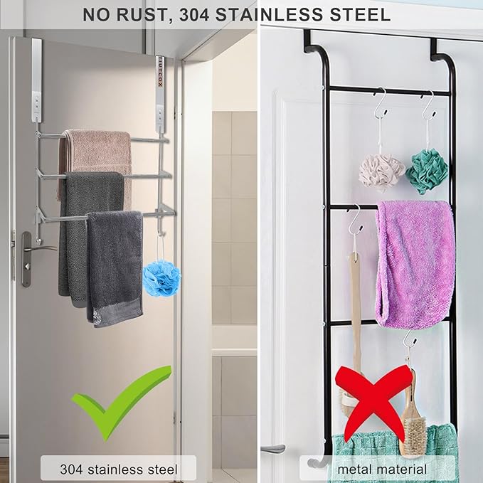 Over The Door Towel Rack, 304 Stainless Steel Towel Racks for Bathroom with 3-Tier Adjustable Pole, 2 Punch-Free Screw Stickers, 22.83 * 17.71-29.52 * 6.14 Inch, Silver