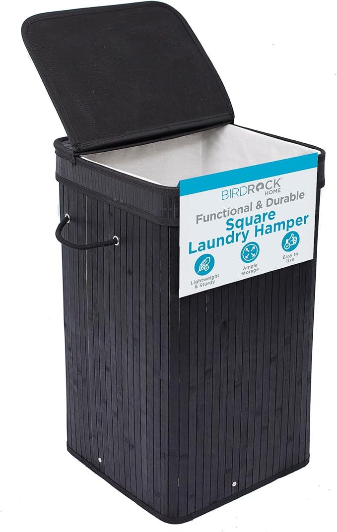 BIRDROCK HOME Square Laundry Hamper with Lid and Cloth Liner, Medium Basket with Soft Handles, Durable Collapsible Fabric Bin for Clothes,Towels, Dorm, Narrow Closet, Bedroom, Dirty Laundry - Espresso