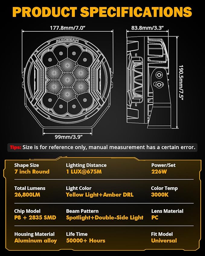 Auxbeam 7 Inch LED Side Shooter Light, V-Ultra Series Round Driving Offroad Lights 226W Hyper Spotlights with Amber DRL, 270° Wide Range Universal Amber Yellow Lights with Black Cover, Pair