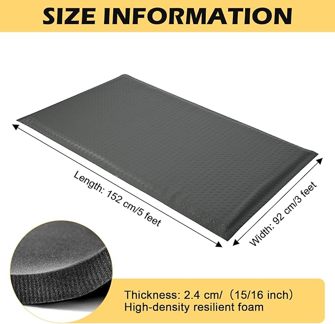 3 x 5 FT Anti Fatigue Mats Industrial 15/16 Inch Thick Soft Sponge Ergonomic Mat Durable Heavy Duty Diamond Plate for Standing Non Slip Industrial Grade Floor Mat for Leg & Back Pain (Gray)