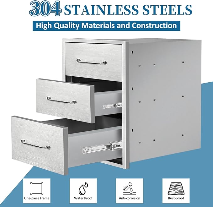 Outdoor Kitchen Drawers 16"Wx21"Hx23"D Flush Mount Access 3-Drawer BBQ Stainless Steel Drawers with Handle for Outdoor Kitchen Island or Grill Station