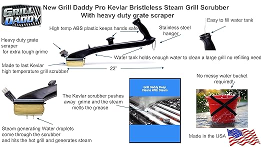 Grill Daddy Made in the USA Bristles GB91062S Barbeque Grill Steam Brush with Stainless Steel B, 15-Inch, Black