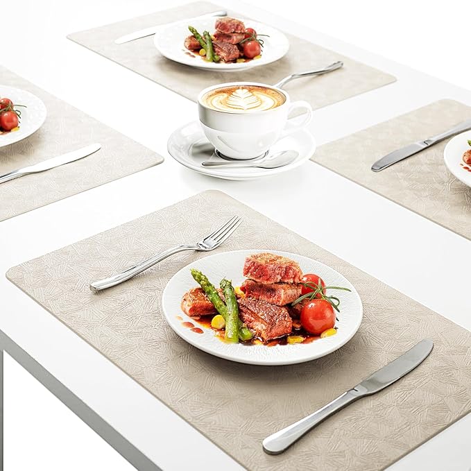 Vinyl Placemats Set of 8 Faux Leather 100% Waterproof Wipeable Washable Place Mats Heat Resistant Easy Clean Non-Slip Table Mats for Indoor Outdoor. (8,Beige)