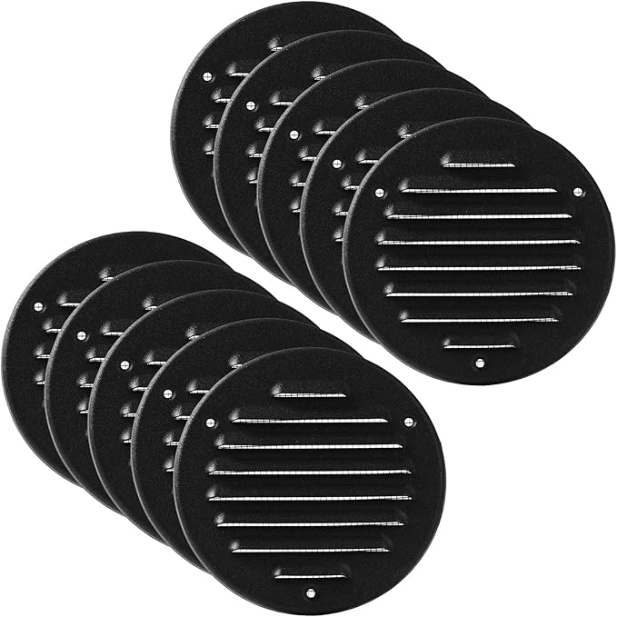 Vent Systems - 4 Inch (Inner) Pack of 10 Black Metal Round Soffit Air Vent Grille Cover, Register air Vent Deflector, Louver - Built-in Mesh - HVAC for Bathroom, Home Office, Kitchen 5 Inch (Outer)