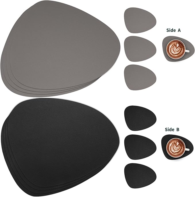 Myir JUN Placemats, Dual-Sided Placemats Waterproof Faux Leather Placemats Set of 4 Place Mats and Coasters Non-Slip Washable Table Mats for Dining Table (Gray Black, Set of 4)