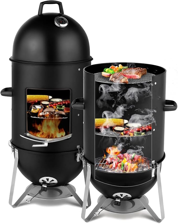 4-Tier 3-in-1 Vertical Charcoal Grill, BBQ Charcoal Smoker with Built-in Thermometer, Air Vent, and Access Doors, Perfect for Camping, Picnics, Backyard BBQs, and Tailgating Parties